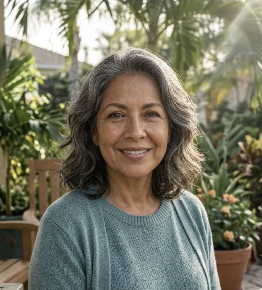 A woman smiling in a sunlit garden, palms and potted flowers behind her.